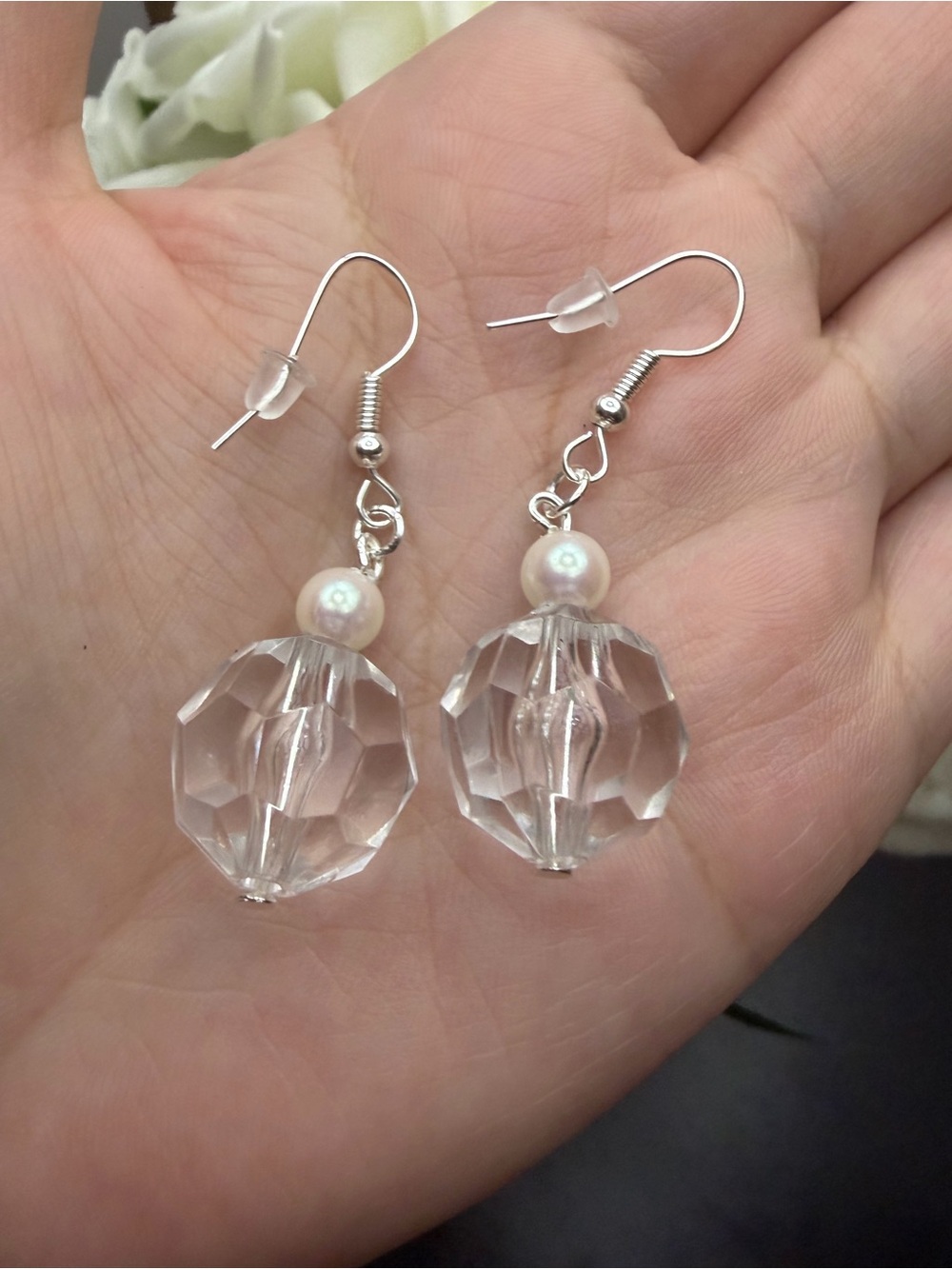 Crystal and Pearl Drop Earrings - Clear/White